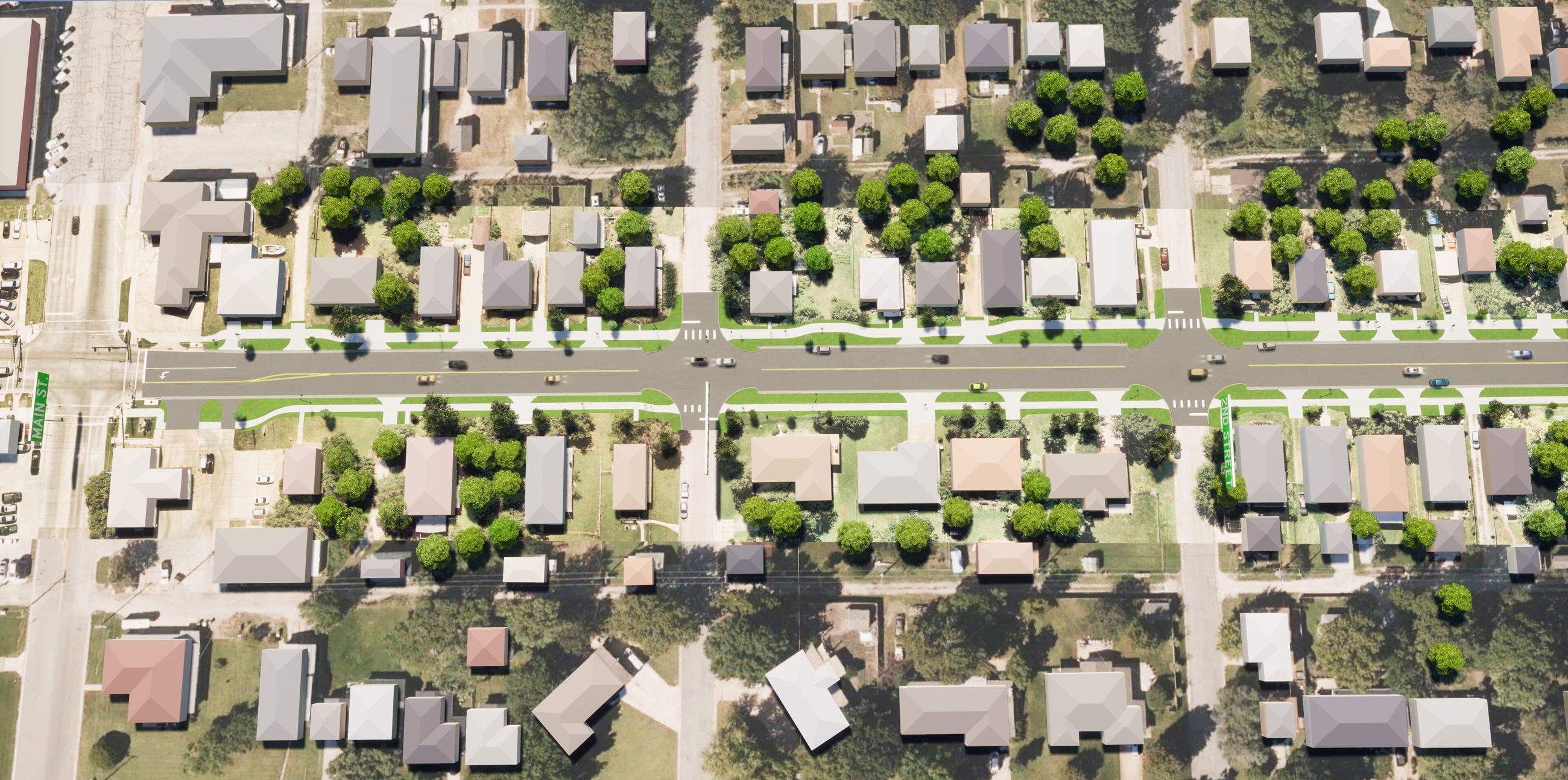 A scenic view of a tree-lined street with houses